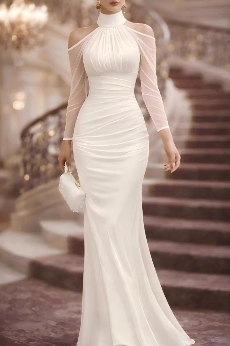Halter Cold-Shoulder Sheer Sleeve Maxi Gown