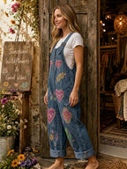 Women's Retro Style Art Print Washed Cotton Denim Patchwork Jumpsuit