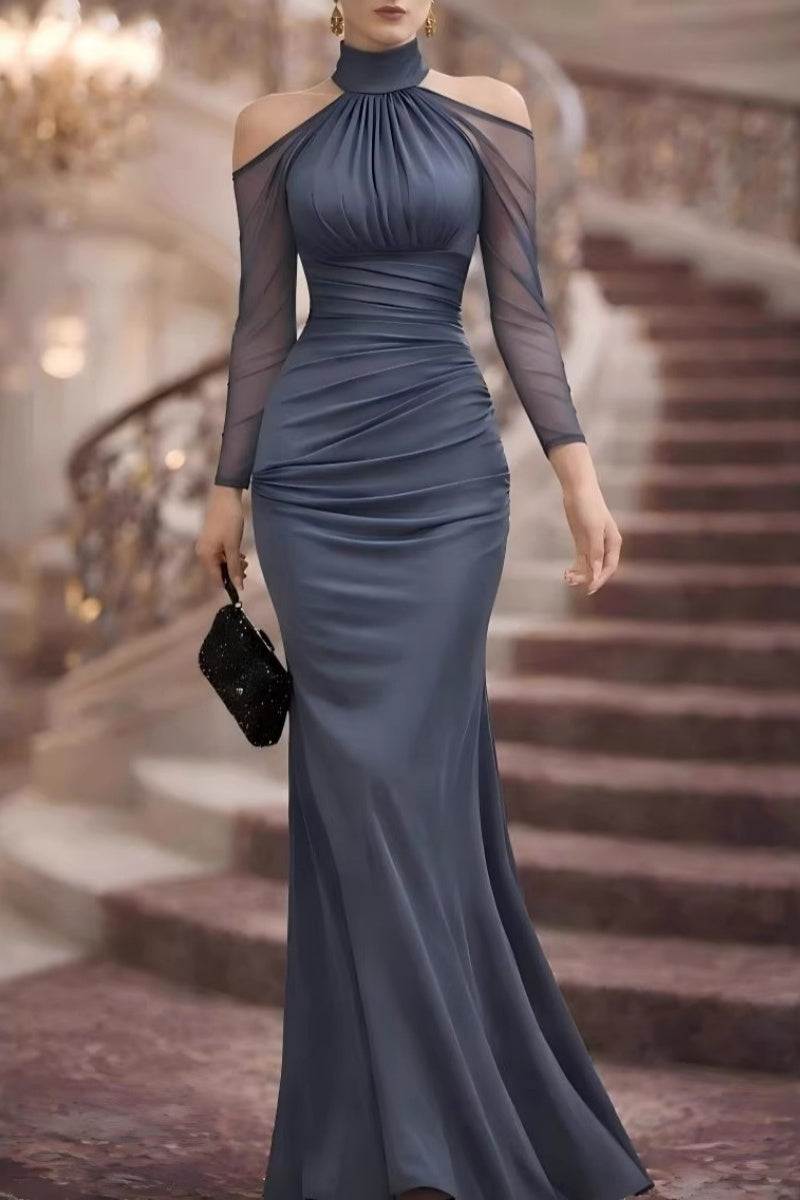 Halter Cold-Shoulder Sheer Sleeve Maxi Gown