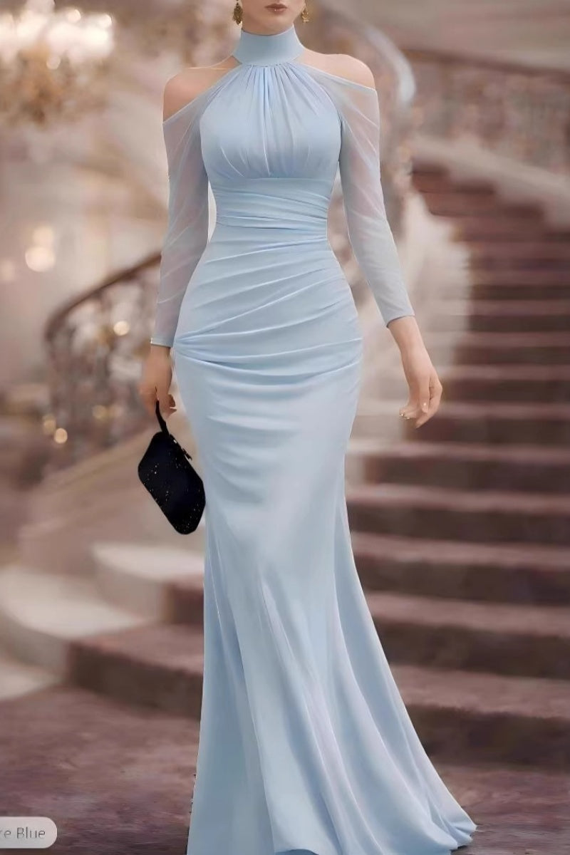Halter Cold-Shoulder Sheer Sleeve Maxi Gown
