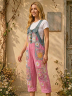 Women's Retro Style Art Print Washed Cotton Denim Patchwork Jumpsuit