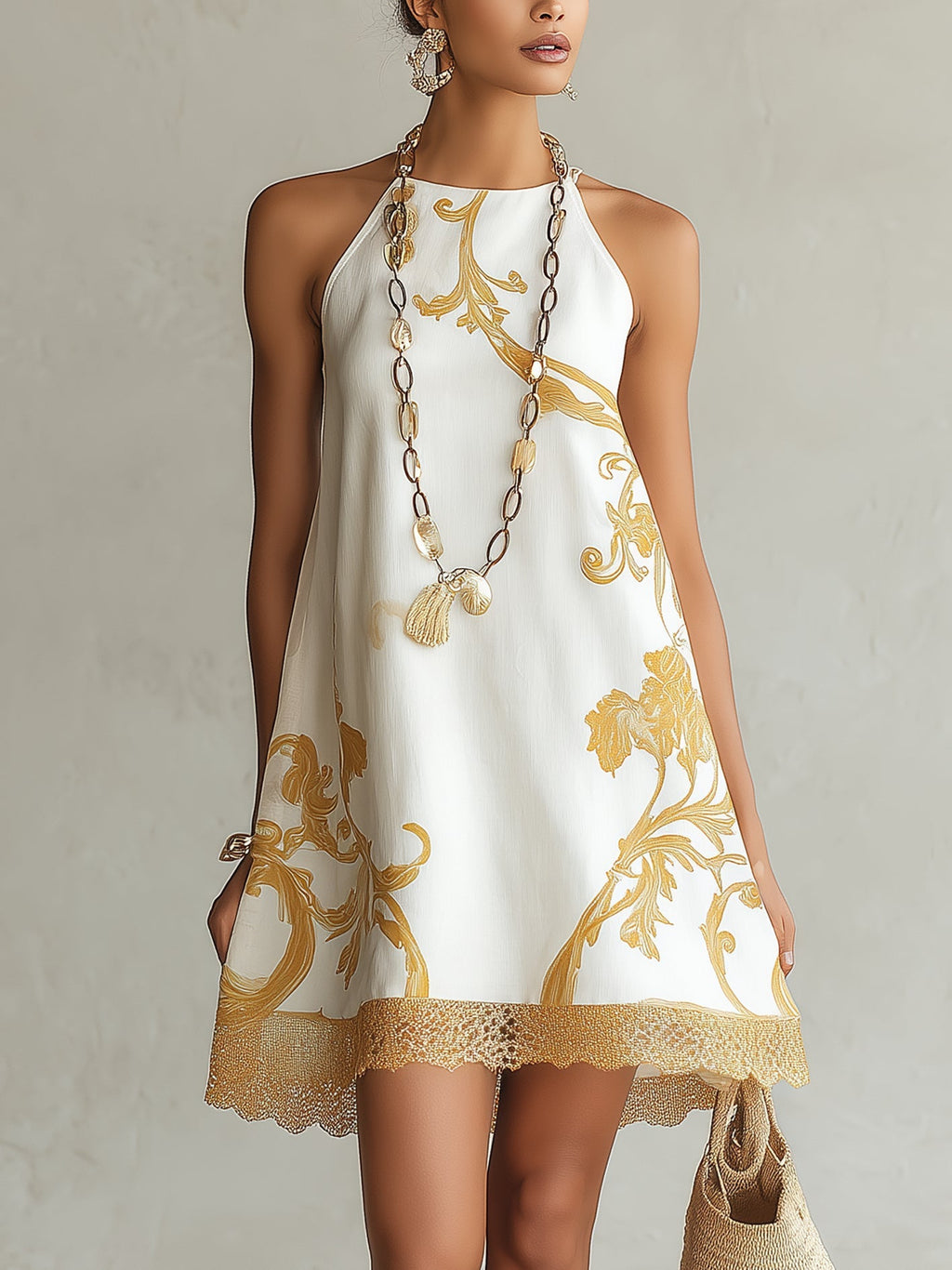 Golden Floral Lace Mini Dress