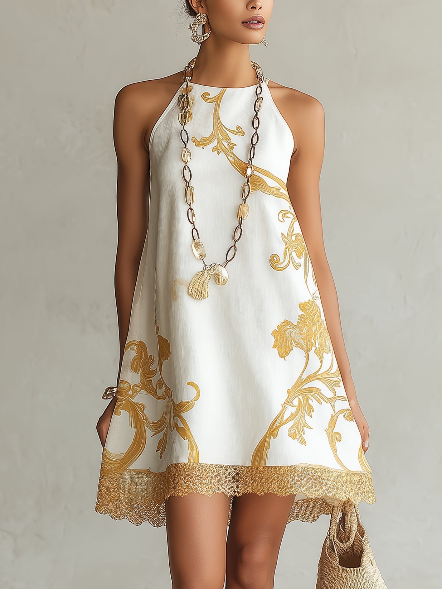 Golden Floral Lace Mini Dress