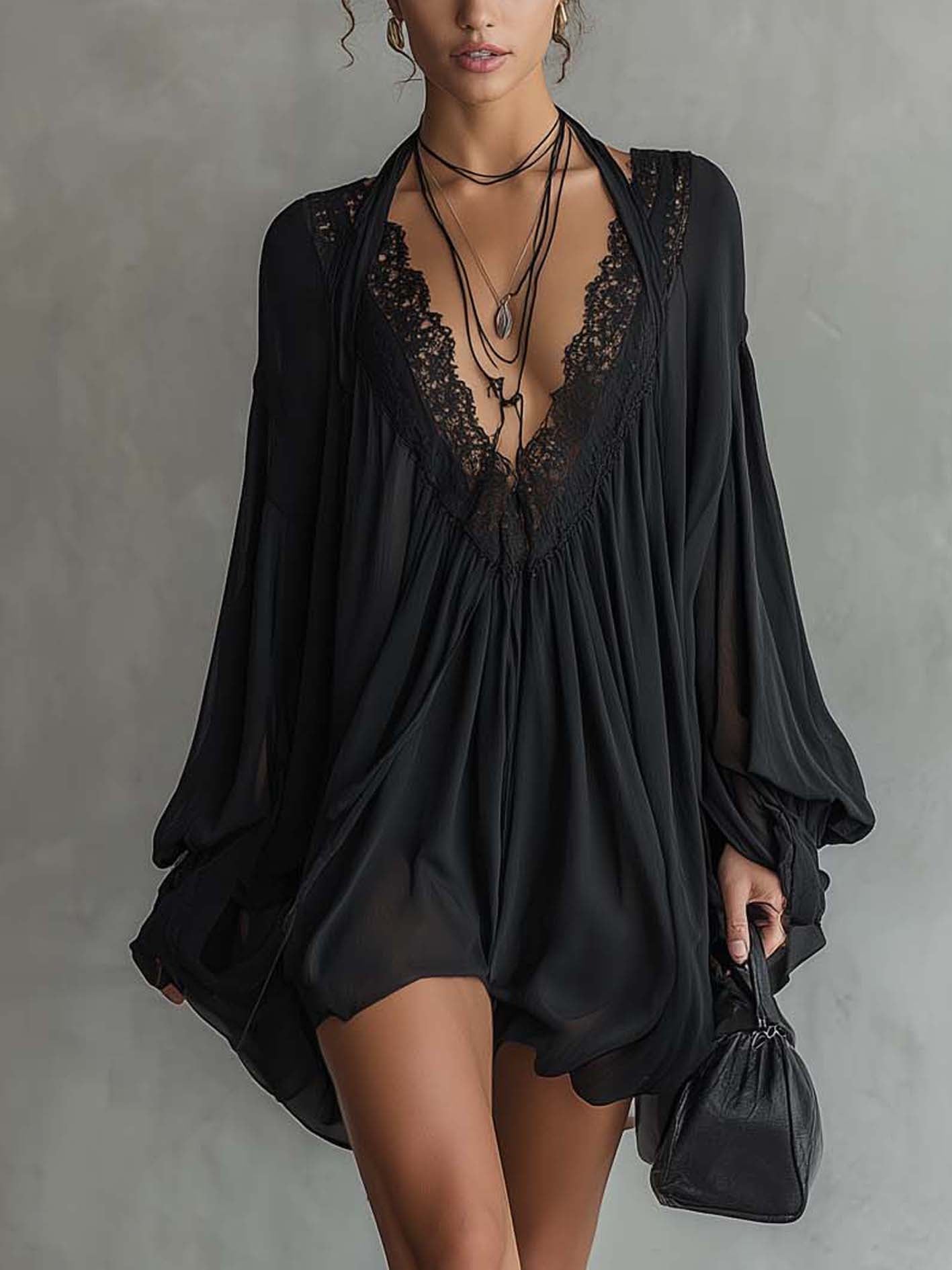 Black Lace Open-Back Mini Dress