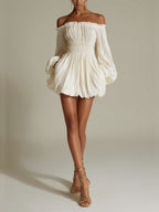 White Smocked Off-Shoulder Mini Dress