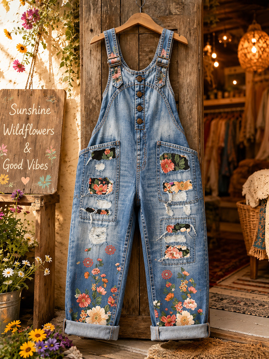 Women's Retro Style Art Print Washed Cotton Denim Patchwork Jumpsuit