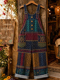 Women's Retro Art Print Denim Patchwork Jumpsuit