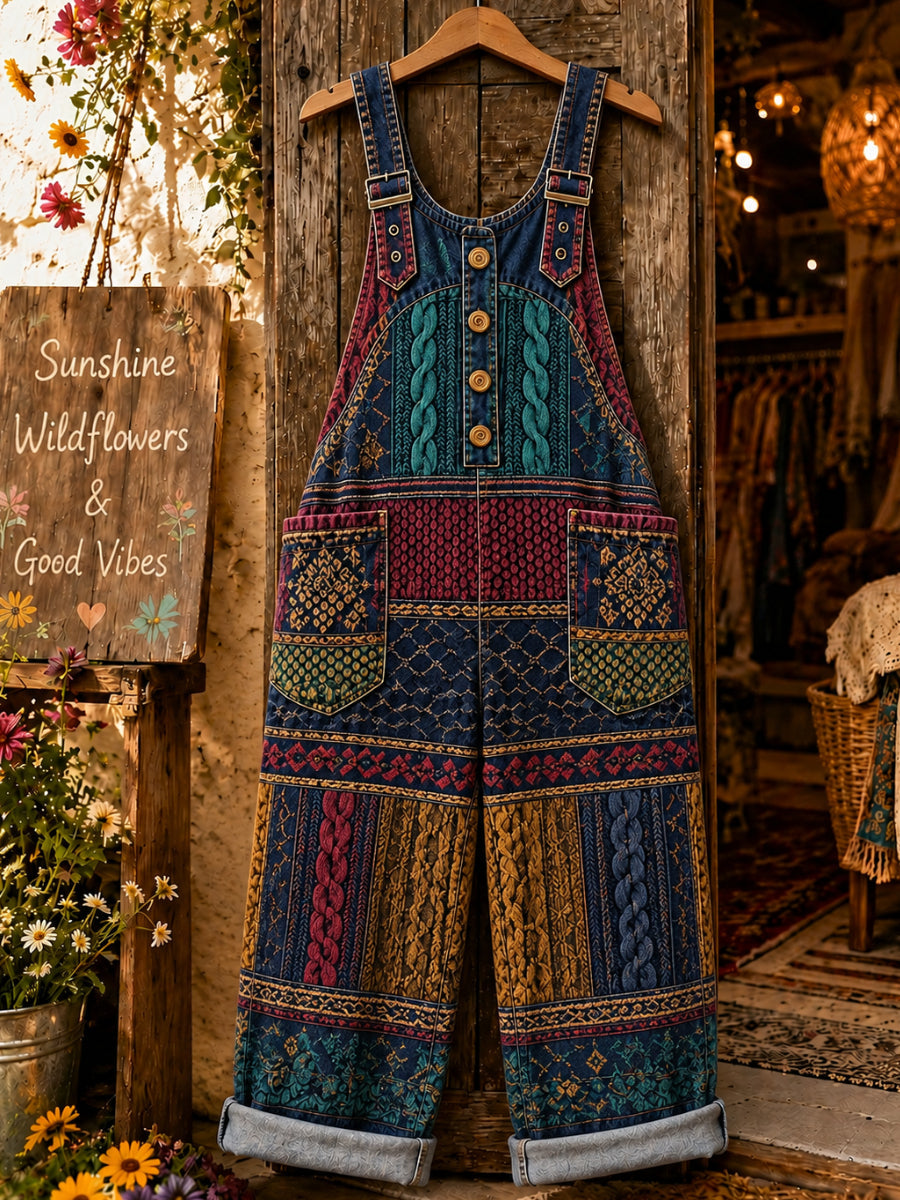 Women's Retro Art Print Denim Patchwork Jumpsuit