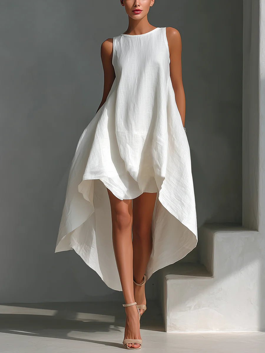 White Linen Asymmetric Dress