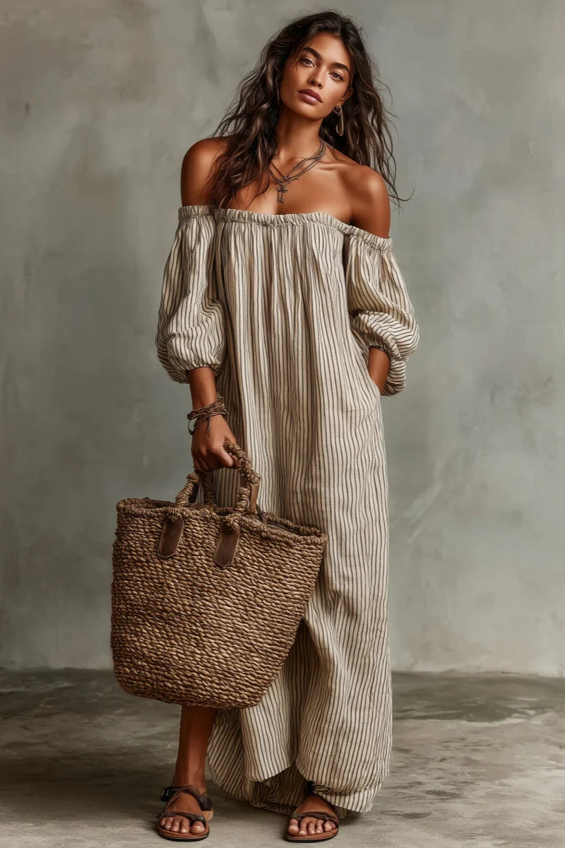 Beige Stripe Off-Shoulder Linen-Blend Maxi Dress