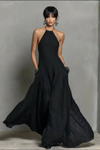 Black Linen-Blend Halter Backless Maxi Dress