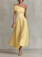 Yellow Linen One-Shoulder Maxi Dress