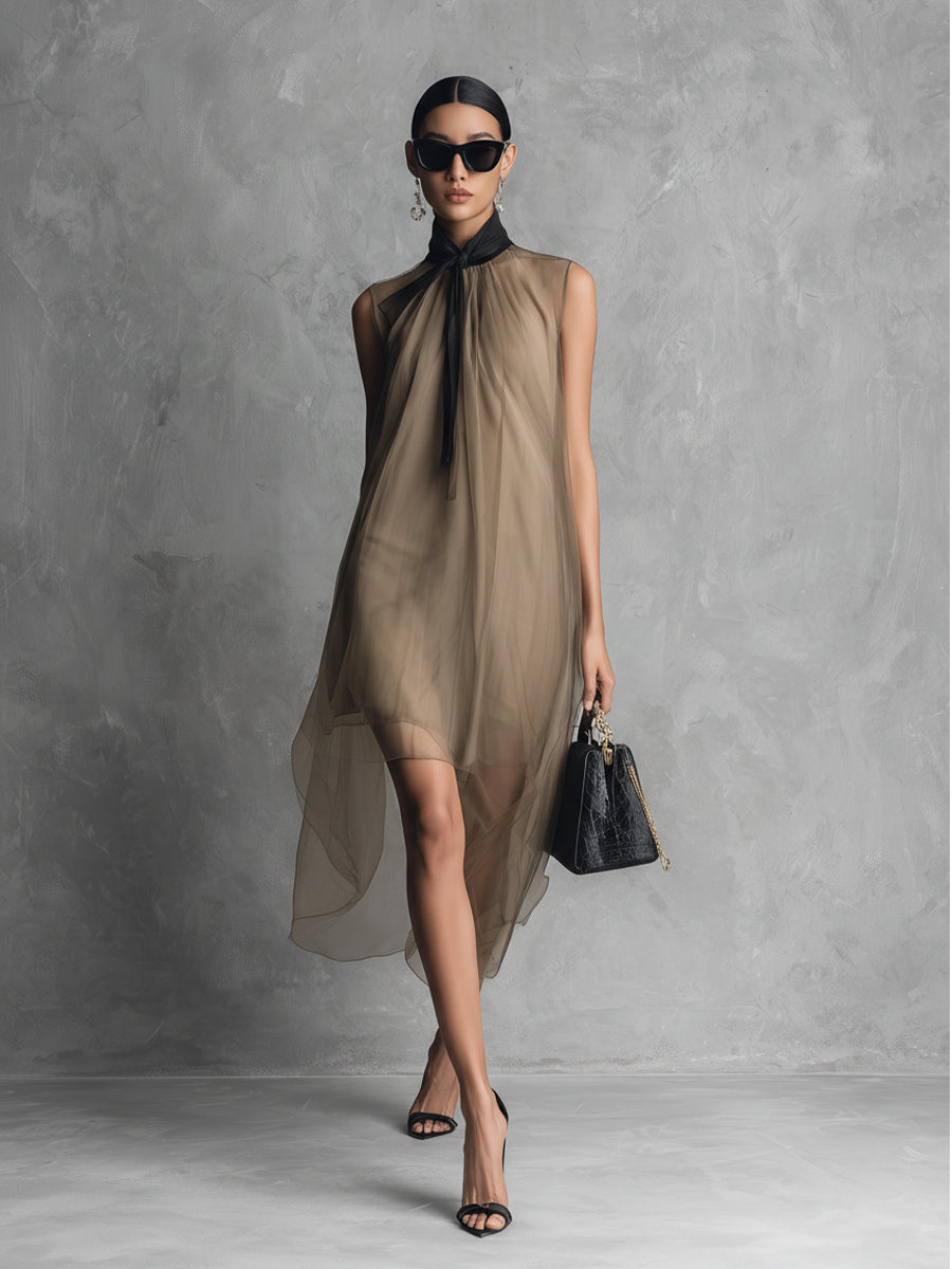 The Khaki Ribbon Draped Dress