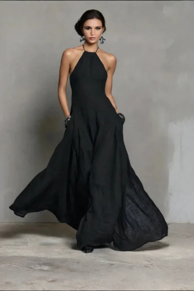 Black Linen-Blend Halter Backless Maxi Dress