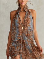 Brown Leopard Semi-Zip Chiffon Dress