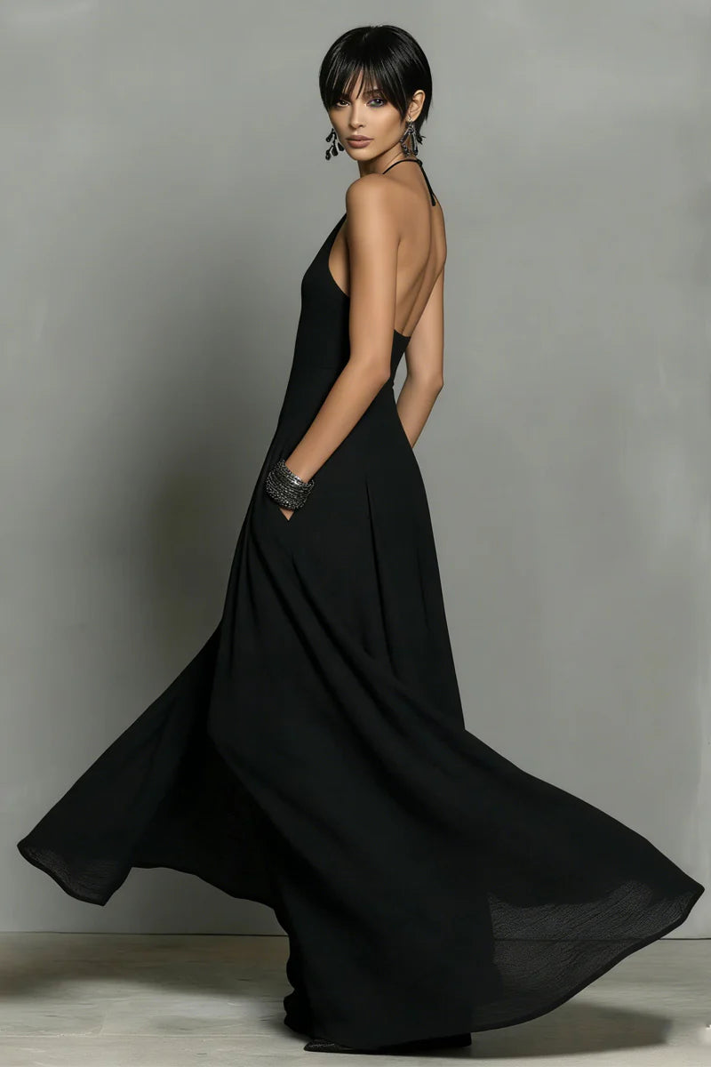 Black Linen-Blend Halter Backless Maxi Dress