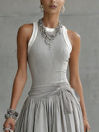 The Gray Ribbed Set — Sculpted Top & Draped Midi Skirt
