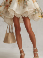 Beige Floral Organza Mini Dress