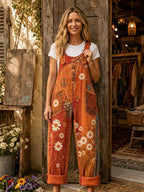 Women's Retro Style Art Print Washed Cotton Denim Patchwork Jumpsuit