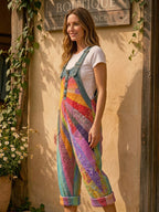 Women's Retro Style Art Print Washed Cotton Denim Patchwork Jumpsuit
