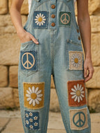 Women's Retro Style Print Washed Cotton Denim Patchwork Jumpsuit