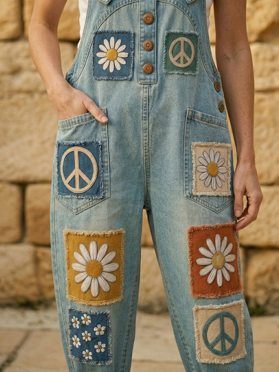 Women's Retro Style Print Washed Cotton Denim Patchwork Jumpsuit