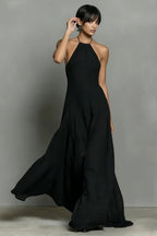 Black Linen-Blend Halter Backless Maxi Dress