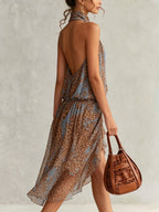 Brown Leopard Semi-Zip Chiffon Dress