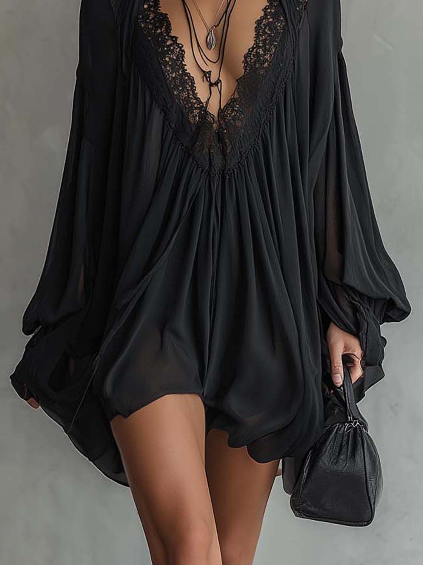 Black Lace Open-Back Mini Dress