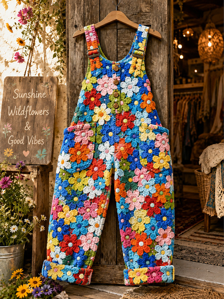 Women's Retro Style Art Print Washed Cotton Denim Patchwork Jumpsuit