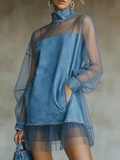 Denim Stand Collar Loose Long Sleeve Mini Dress