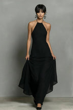 Black Linen-Blend Halter Backless Maxi Dress