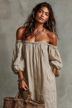 Beige Stripe Off-Shoulder Linen-Blend Maxi Dress