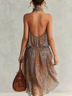 Brown Leopard Semi-Zip Chiffon Dress