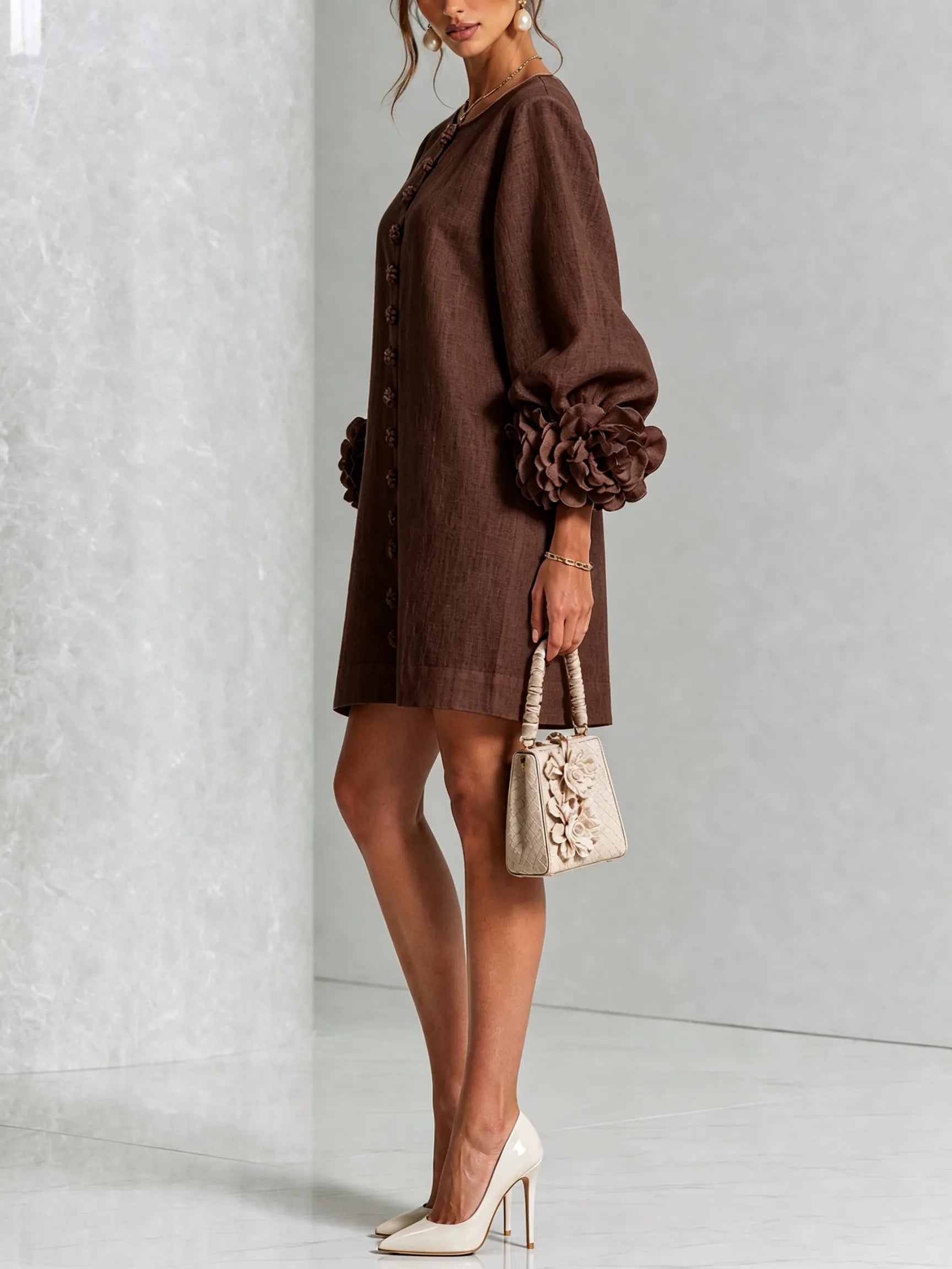 Chocolate Brown Floral Button-down Mini Dress With Striking Floral Cuffs