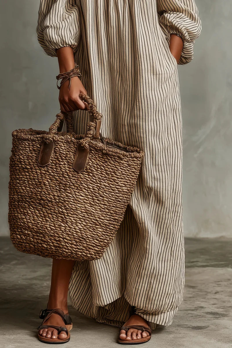Beige Stripe Off-Shoulder Linen-Blend Maxi Dress