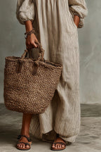 Beige Stripe Off-Shoulder Linen-Blend Maxi Dress
