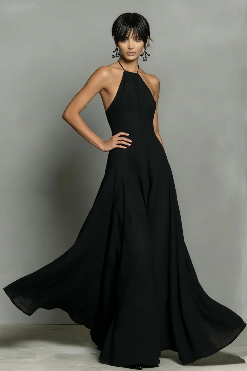 Black Linen-Blend Halter Backless Maxi Dress