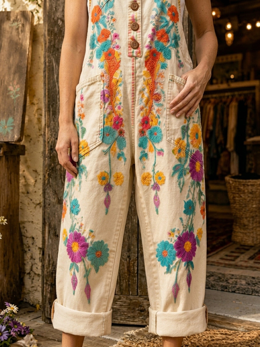 Women's Retro Style Art Print Washed Cotton Denim Patchwork Jumpsuit