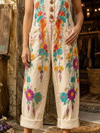 Women's Retro Style Art Print Washed Cotton Denim Patchwork Jumpsuit