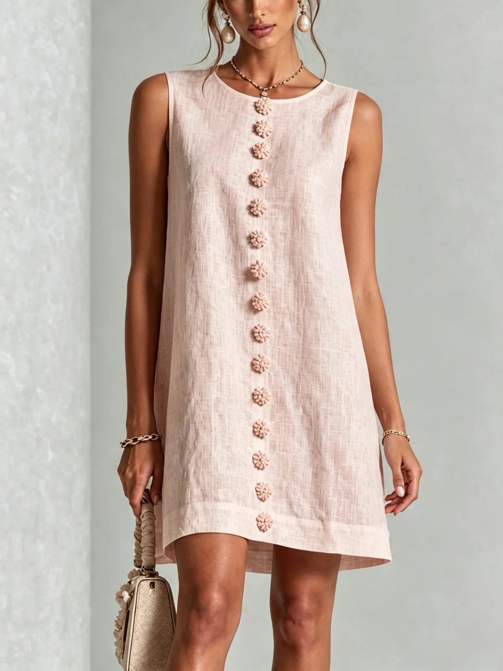 Pink Sleeveless Floral Button-front Mini Dress