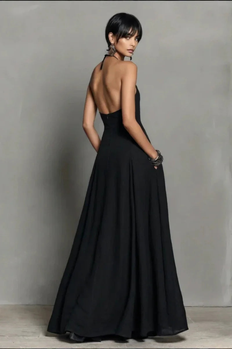 Black Linen-Blend Halter Backless Maxi Dress