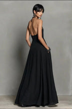 Black Linen-Blend Halter Backless Maxi Dress