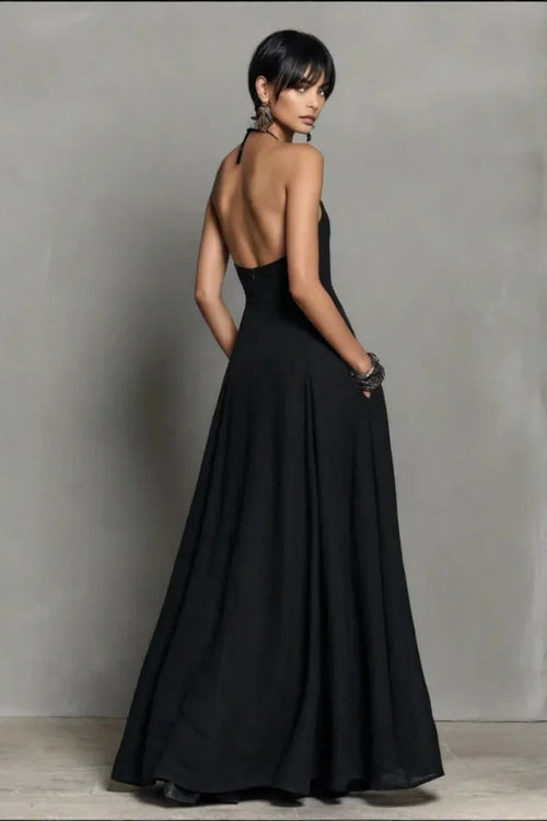 Black Linen-Blend Halter Backless Maxi Dress