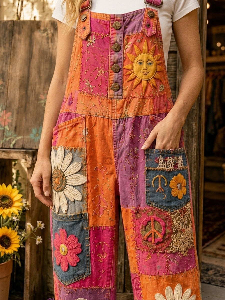 Women's Retro Style Art Print Washed Cotton Denim Patchwork Jumpsuit
