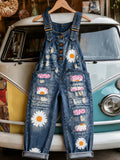 Women's Retro Style Art Print Washed Cotton Denim Patchwork Jumpsuit