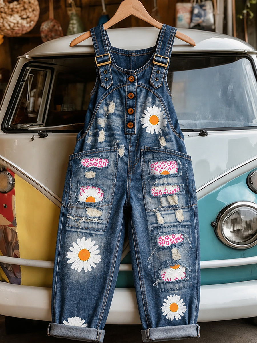 Women's Retro Style Art Print Washed Cotton Denim Patchwork Jumpsuit