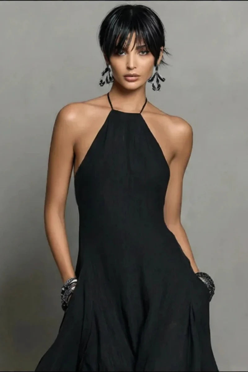 Black Linen-Blend Halter Backless Maxi Dress