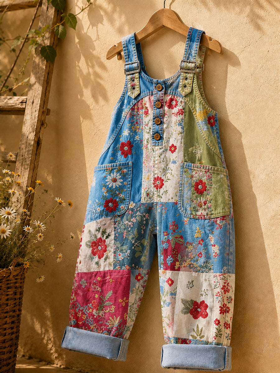 Women's Retro Style Art Print Washed Cotton Denim Patchwork Jumpsuit