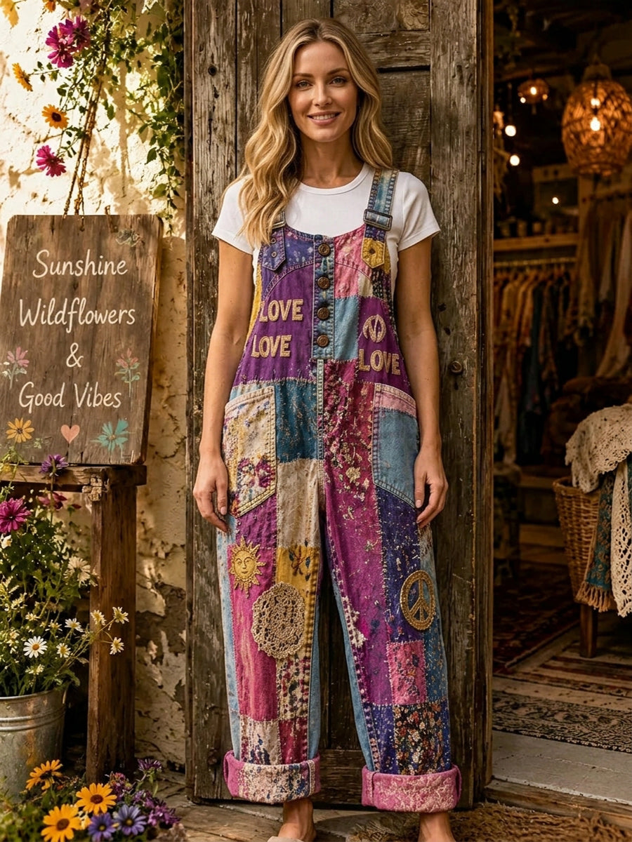 Women's Retro Style Art Print Washed Cotton Denim Patchwork Jumpsuit